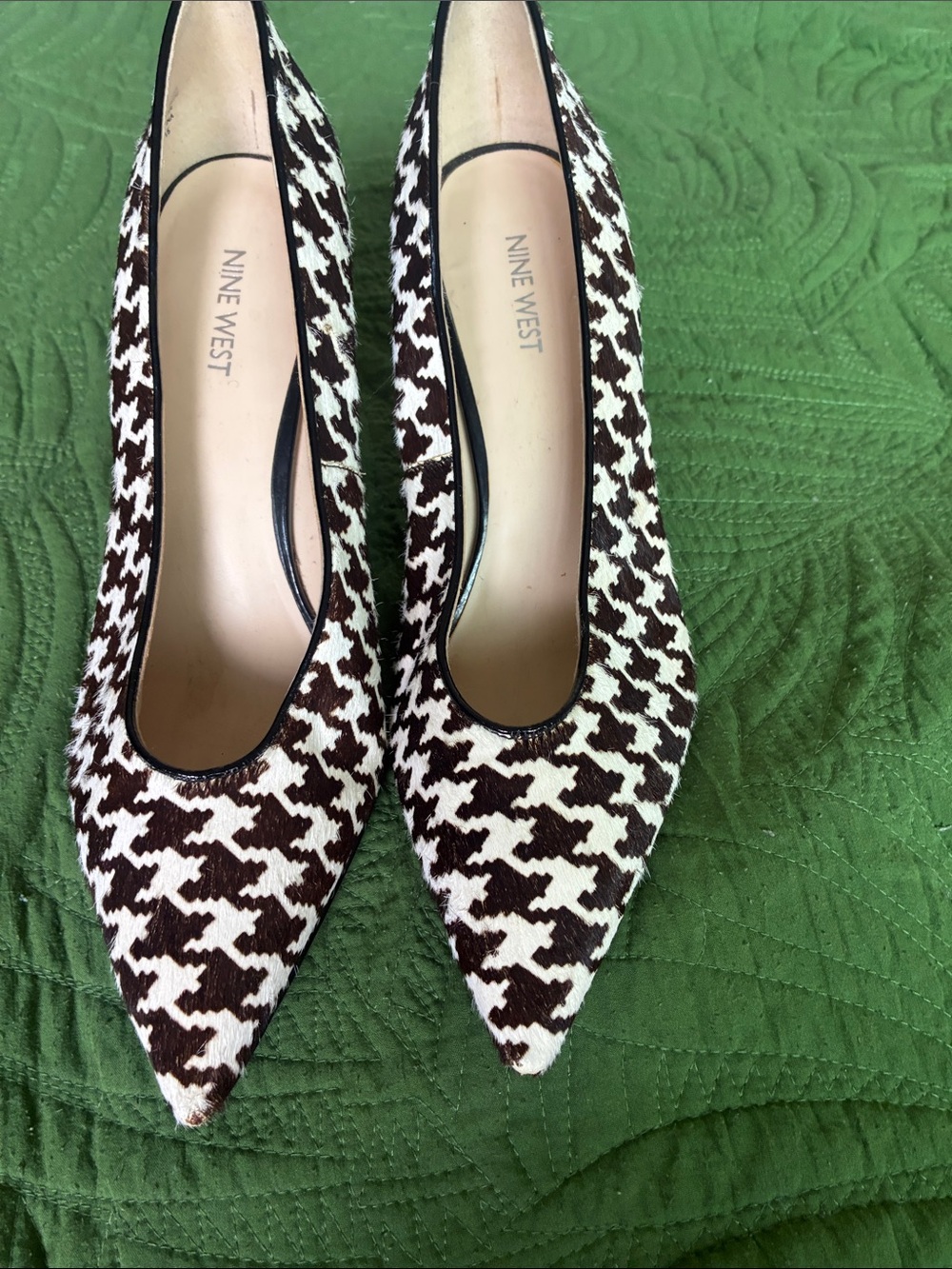 Nine West Brown and White Houndstooth Pointed Pumps